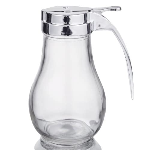 Glass Syrup/Honey Dispenser with Thumb Lever Chrome Plated Alloy Top for Pancakes 14-Ounce. Honey Pot, maple Syrup Containers/Jar By Geex Depot US